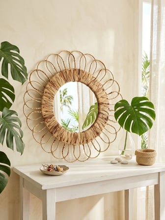 HBS Art Design Doğal Hasır Örme Yuvarlak Duvar Aynası - Çiçek Motifli Boho Dekoratif Ayna (Dış Çap: 