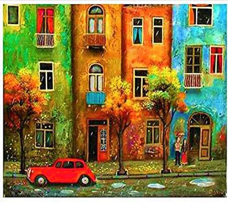 Apartmanlar ve Kırmızı Araba Çerçevesiz 40x50 Sayılarla Boyama Hobi Seti