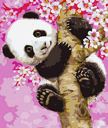 Kiraz Ağacındaki Sevimli Panda Çerçevesiz 40x50 Sayılarla Boyama Hobi Seti