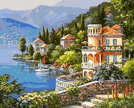 Göl Kenarı ve Ev Manzarası Çerçevesiz 40x50 Sayılarla Boyama Hobi Seti