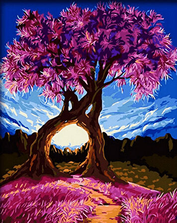Pembe Dilek Ağacı ve Manzara Çerçevesiz 70x90 Sayılarla Boyama Hobi Seti