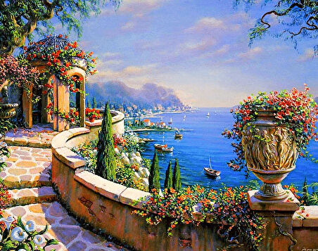 Çiçekli Taş Yol Çerçevesiz 90x110 Sayılarla Boyama Hobi Seti