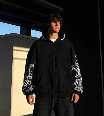 Üç İplik Erkek Bape Spider Baskılı Oversize Hırka - Siyah