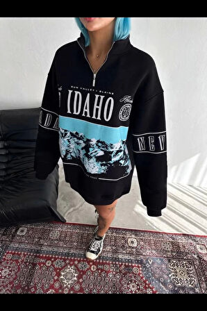 Kadın Yarım Fermuarlı Oversize Baskılı SweatShirt - Siyah