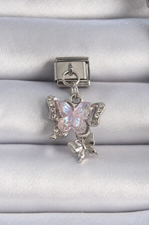 316L Çelik Gümüş Renk Pembe Zirkon Taşlı Sallantılı Kelebek Model Nomination Charm