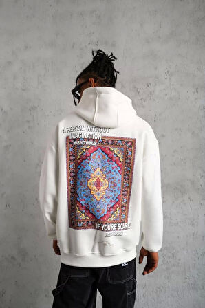 Erkek Kilim Desen Kapüşonlu Sweat- Beyaz