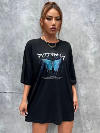 Unisex Baskılı Oversize T-Shirt - Siyah