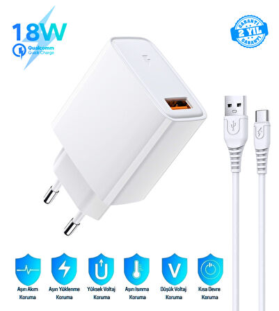 Samsung Galaxy XCover7 Uyumlu 18W 3.4A Type-C Ultra Hızlı Şarj Cihazı / Şarj Aleti Seti (Adaptör+Kablo) - İthalatçı Garantili