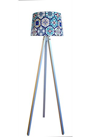 Masif 3 Ayaklı Lambader Tripod ( Çini Desen- Beyaz Ayak)