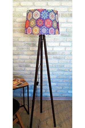 Mandala Serisi Altıgen Desen,3 Ayaklı Tripod Ahşap Lambader( Mor Şapka / Koyu Ceviz Ayak)