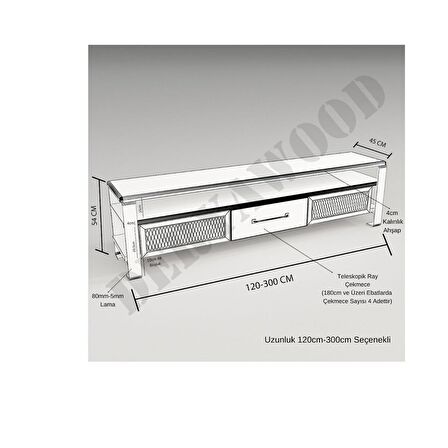 Deryawood Masif Ahşap Demir Çekmeceli Tv Ünitesi 45 x 160