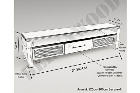 Deryawood Masif Ahşap Demir Çekmeceli Tv Ünitesi 45 x 180 cm