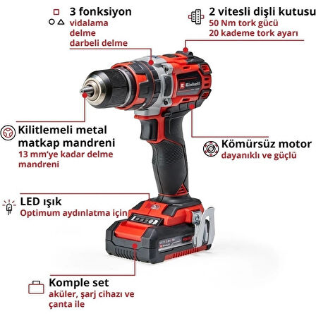 Einhell Tp-Cd 18/50 Li I Bl Çift Akülü Kömürsüz Darbeli Matkap + 103 Parça Matkap Ucu Seti