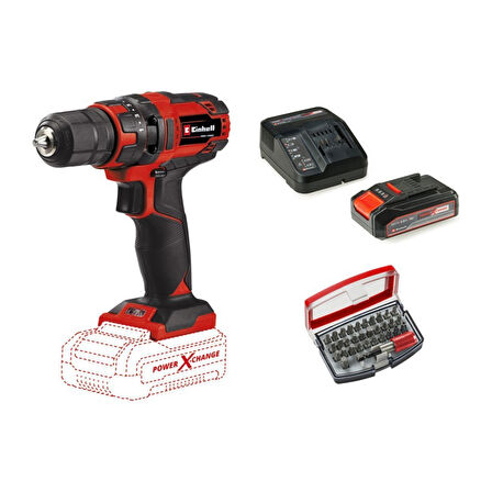 Einhell Tc-Cd 18/35 Li Solo Akülü Vidalama Seti + 1 x 2.5 Ah Starter Kit ve 32 Parça Bits Uç