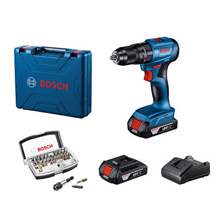 Bosch Gsb 185-LI 2 x 2.0AH Çift Akülü Darbeli Matkap + 32 Parça Bits Uç Seti