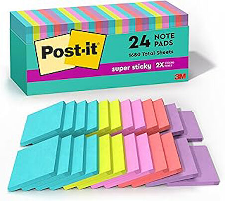 Post-it Süper Yapışkan Notlar, 24 Not Defteri, 3x3 inç, 2 x Yapıştırma Gücü, Okul Malzemeleri ve Ofis Ürünleri, Dikey Yüzeyler için Yapışkan Notlar, Monitörler, Duvarlar ve Pencereler, Süpernova Neons