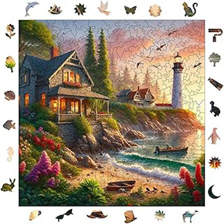 Pinecone - Ahşap Puzzle Yetişkinler için - Deniz Feneri Ve Taş Ev Benzersiz Parçalı Puzzle - 353 Parça Ahşap Yapboz - Yapıştırıcı Folyo Dahil - Dekoratif Ahşap Puzzle - 29x29 cm - S1-23