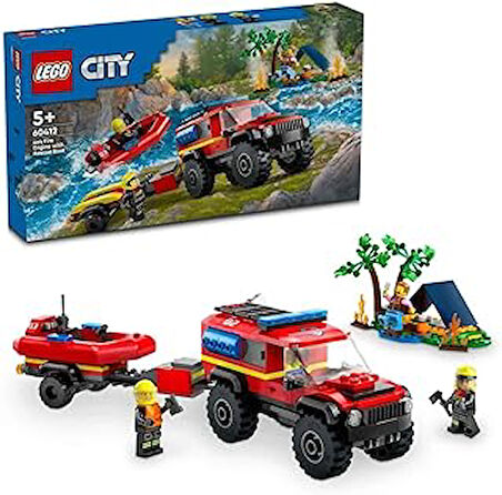 City 4x4 Kurtarma Botlu İtfaiye Kamyonu 60412-5 Yaş ve Üzeri Çocuklar için Kamp Çadırı ve İtfaiyeci Minifigürü İçeren Yaratıcı Oyuncak Yapım Seti