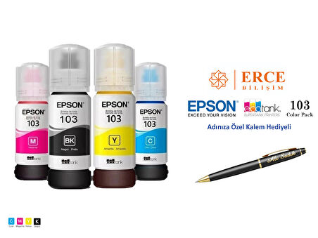Epson 103 (CMYK) 4 Renk Kartuş, Epson EcoTank L11050 Uyumlu Kalem Hediyeli Mürekkep Seti