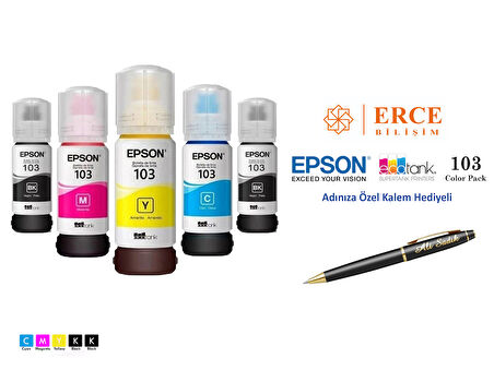 Epson 103 (CMYK+BK) 5 Renk Kartuş, Epson EcoTank L5296 Uyumlu Kalem Hediyeli Mürekkep Seti