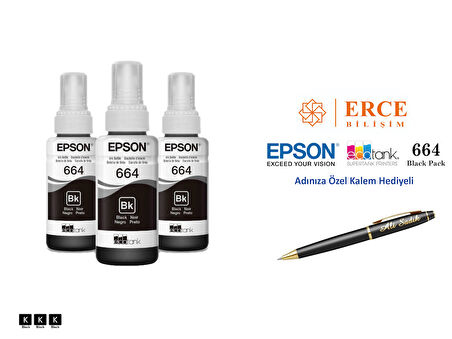 Epson 6641 (BK) 3'Lü Siyah, Epson EcoTank L220 Uyumlu Kalem Hediyeli 3 Siyah Mürekkep Seti