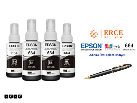 Epson 6641 (BK) 4'Lü Siyah, Epson EcoTank L300 Uyumlu Kalem Hediyeli 4 Siyah Mürekkep Seti