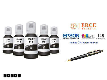 Epson 110 (BK) 5'Li Siyah, Epson EcoTank M1170 Uyumlu Kalem Hediyeli 5 Siyah Mürekkep Seti