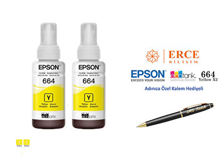 Epson 6644 (YELLOW) 2'Li Sarı, Epson EcoTank L3070 Uyumlu Kalem Hediyeli 2 Sarı Mürekkep Seti