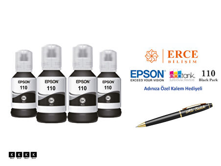 Epson 110 (BK) 4'Lü Siyah, Epson EcoTank M3140 Uyumlu Kalem Hediyeli 4 Siyah Mürekkep Seti