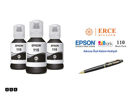 Epson 110 (BK) 3'Lü Siyah, Epson EcoTank M3140 Uyumlu Kalem Hediyeli 3 Siyah Mürekkep Seti