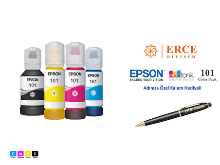 Epson 101 (CMYK) 4 Renk Kartuş, Epson EcoTank L6290 Uyumlu Kalem Hediyeli Mürekkep Seti