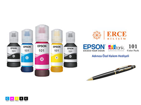 Epson 101 (CMYK+BK) 5 Renk Kartuş, Epson EcoTank L14150 Uyumlu Kalem Hediyeli Mürekkep Seti