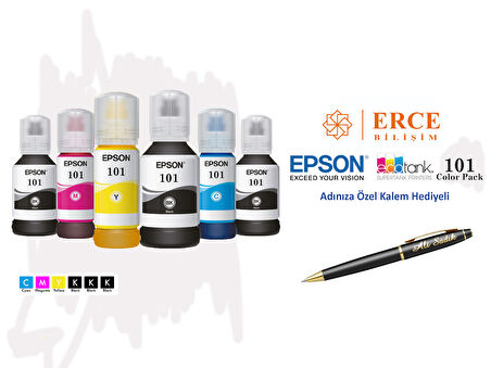 Epson 101 (CMYK+2BK) 6 Renk Kartuş, Epson EcoTank L4260 Uyumlu Kalem Hediyeli Mürekkep Seti