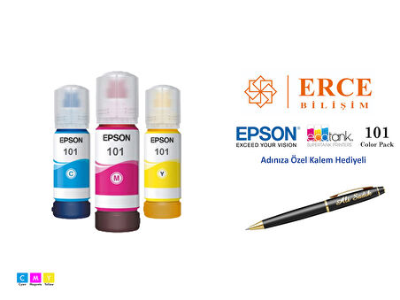 Epson 101 (CMY) 3 Renk Kartuş, Epson EcoTank L6260 Uyumlu Kalem Hediyeli Mürekkep Seti