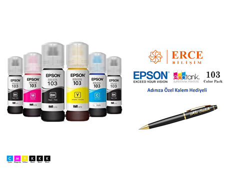 Epson 103 (CMYK+2BK) 6 Renk Kartuş, Epson EcoTank L11050 Uyumlu Kalem Hediyeli Mürekkep Seti