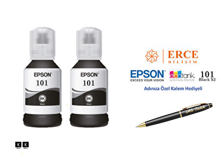 Epson 101 (BK) 2'Lİ Siyah, Epson EcoTank L4266 Uyumlu Kalem Hediyeli 2 Siyah Mürekkep Seti