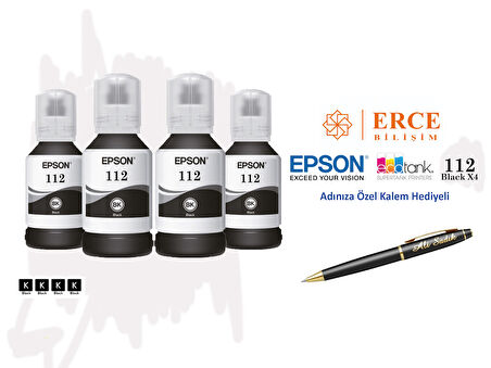 Epson 112 (BK) 4'Lü Siyah, Epson EcoTank Pro L15180 Uyumlu Kalem Hediyeli 4 Siyah Mürekkep Seti