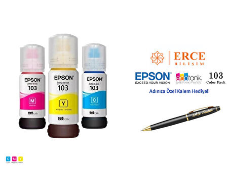Epson 103 (CMY) 3 Renk Kartuş, Epson EcoTank L3256 Uyumlu Kalem Hediyeli Mürekkep Seti