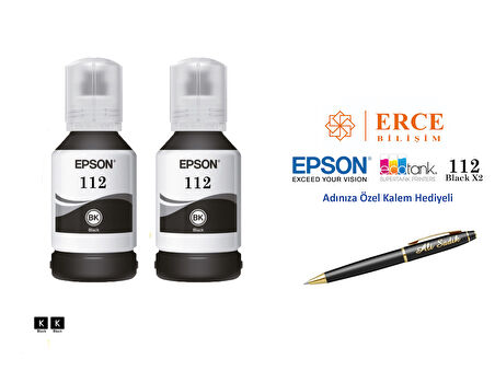 Epson 112 (BK) 2'Lİ Siyah, Epson EcoTank L6460 Uyumlu Kalem Hediyeli 2 Siyah Mürekkep Seti