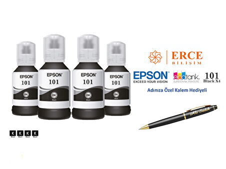 Epson 101 (BK) 4'Lü Siyah, Epson EcoTank L6190 Uyumlu Kalem Hediyeli 4 Siyah Mürekkep Seti