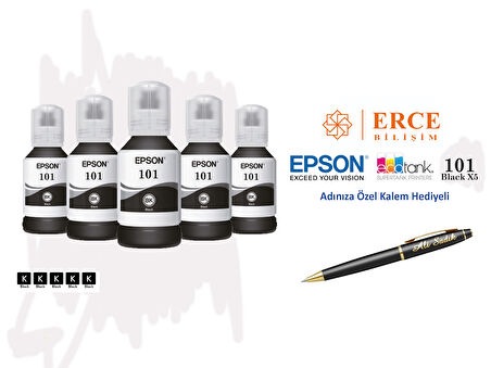 Epson 101 (BK) 5'Li Siyah, Epson EcoTank L6190 Uyumlu Kalem Hediyeli 5 Siyah Mürekkep Seti