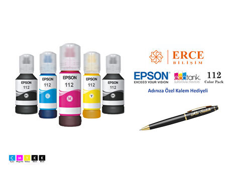 Epson 112 (CMYK+BK) 5 Renk Kartuş, Epson EcoTank L6460 Uyumlu Kalem Hediyeli Mürekkep Seti