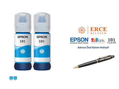 Epson 101 (CYAN) 2'Li Mavi, Epson EcoTank L6290 Uyumlu Kalem Hediyeli 2 Mavi Mürekkep Seti