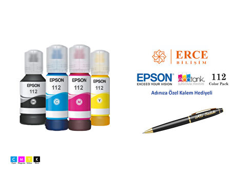 Epson 112 (CMYK) 4 Renk Kartuş, Epson EcoTank L15160 Uyumlu Kalem Hediyeli Mürekkep Seti