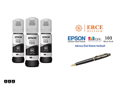 Epson 103 (BK) 3'Lü Siyah, Epson EcoTank L3256 Uyumlu Kalem Hediyeli 3 Siyah Mürekkep Seti