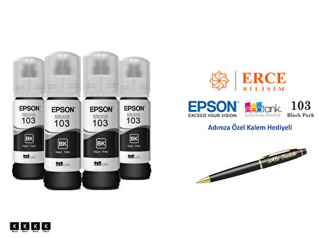 Epson 103 (BK) 4'Lü Siyah, Epson EcoTank L3250 Uyumlu Kalem Hediyeli 4 Siyah Mürekkep Seti