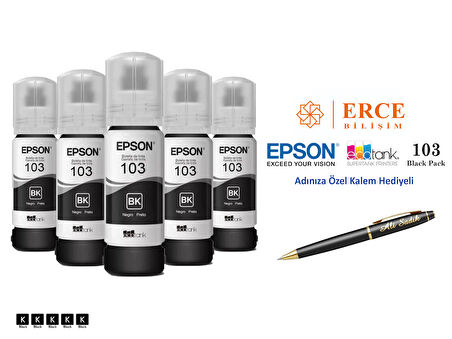 Epson 103 (BK) 5'Li Siyah, Epson EcoTank L1210 Uyumlu Kalem Hediyeli 5 Siyah Mürekkep Seti