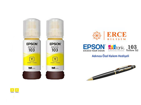 Epson 103 (YELLOW) 2'Li Sarı, Epson EcoTank L3256 Uyumlu Kalem Hediyeli 2 Sarı Mürekkep Seti