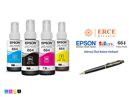 Epson 664 (CMYK) 4 Renk Kartuş, Epson EcoTank L3060 Uyumlu Kalem Hediyeli Mürekkep Seti