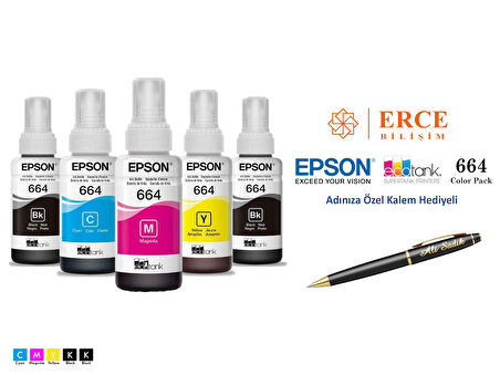 Epson 664 (CMYK+BK) 5 Renk Kartuş, Epson EcoTank L386 Uyumlu Kalem Hediyeli Mürekkep Seti